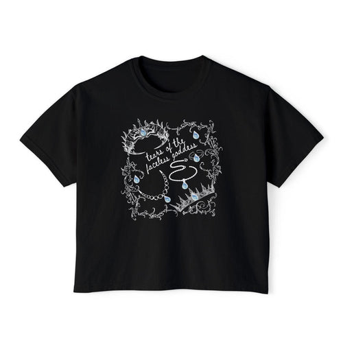 thtgrlreads Wolves of Ruin collection features a black Comfort Colors cropped t-shirt with a vintage-style graphic of crowns, jewels, and delicate swirling text in white and blue, by Printify.
