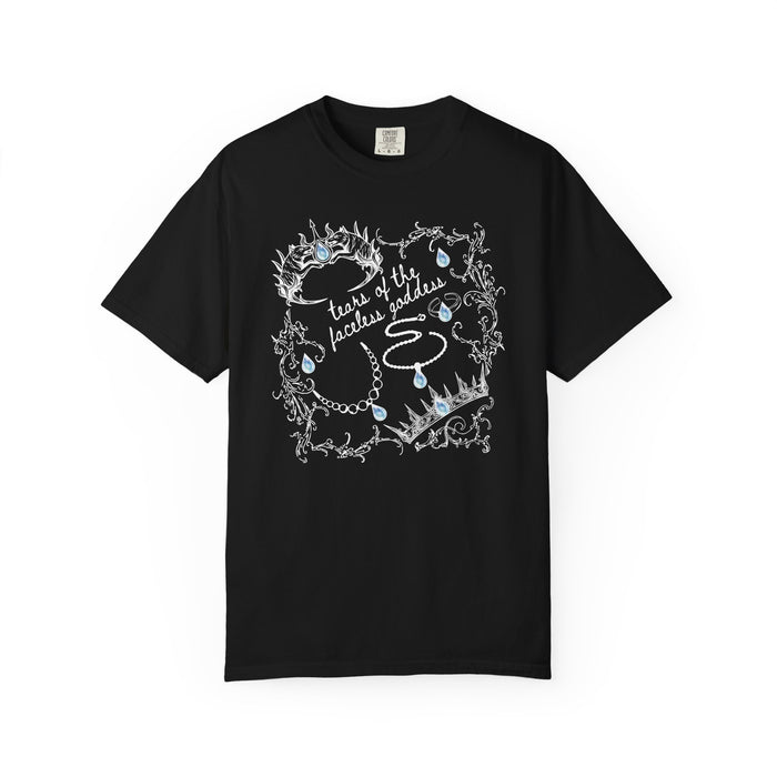 Thtgrlreads Wolves of Ruin collection black Comfort Colors graphic tee by Printify featuring vintage wash and a white and blue vintage puff print design with crowns and teardrops.
