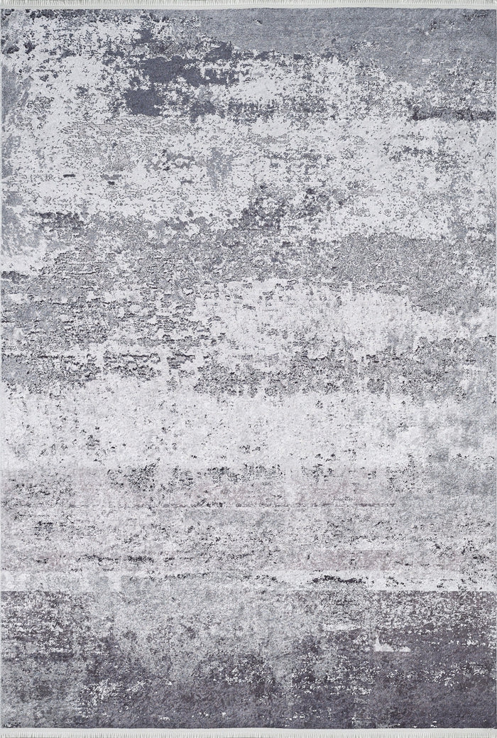 The Techno Flux - Washable Rug - JR1814 is a rectangular gray-anthracite rug with an abstract, textured marble-like pattern in various gray and white shades—modern and ideal for high-traffic areas.
