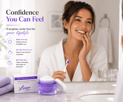 LaserGlow PAP teeth whitening powder lifestyle image showing daily bathroom whitening routine with toothbrush, peroxide-free formula, and brighter smile confidence