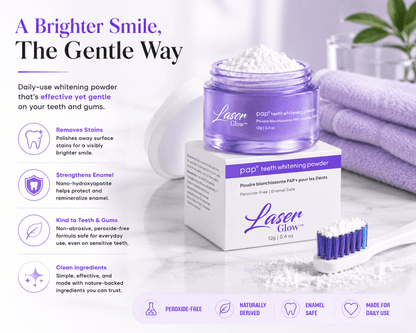 LaserGlow PAP teeth whitening powder with open jar, toothbrush, peroxide-free formula, nano-hydroxyapatite enamel support, and daily stain removal benefits