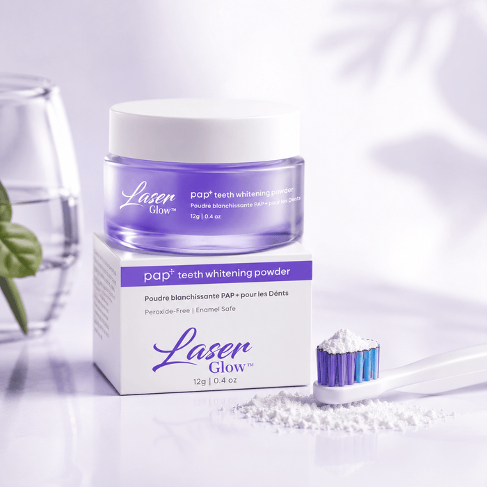 LaserGlow PAP teeth whitening powder with peroxide-free enamel-safe whitening formula, jar, box, and toothbrush for daily stain removal