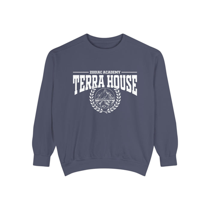 Zodiac Academy-themed oversized crewneck sweatshirt by thtgrlreads in vintage-washed blue with bold white "Terra House" text and mountain graphic, perfect for back-to-school cozy wear.