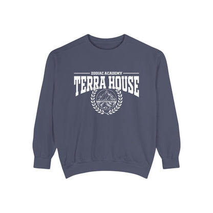 Zodiac Academy-themed oversized crewneck sweatshirt by thtgrlreads in vintage-washed blue with bold white "Terra House" text and mountain graphic, perfect for back-to-school cozy wear.