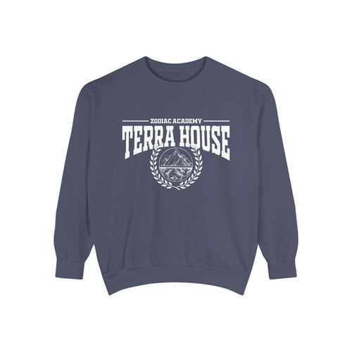 Zodiac Academy-themed oversized crewneck sweatshirt by thtgrlreads in vintage-washed blue with bold white "Terra House" text and mountain graphic, perfect for back-to-school cozy wear.