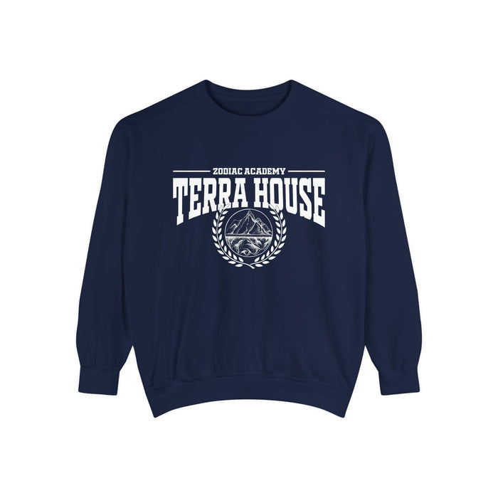 Zodiac Academy crewneck sweatshirt by thtgrlreads featuring vintage white graphic text and emblem on navy Comfort Colors fabric, part of Back to School and Crewnecks collections.