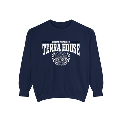 Zodiac Academy crewneck sweatshirt by thtgrlreads featuring vintage white graphic text and emblem on navy Comfort Colors fabric, part of Back to School and Crewnecks collections.