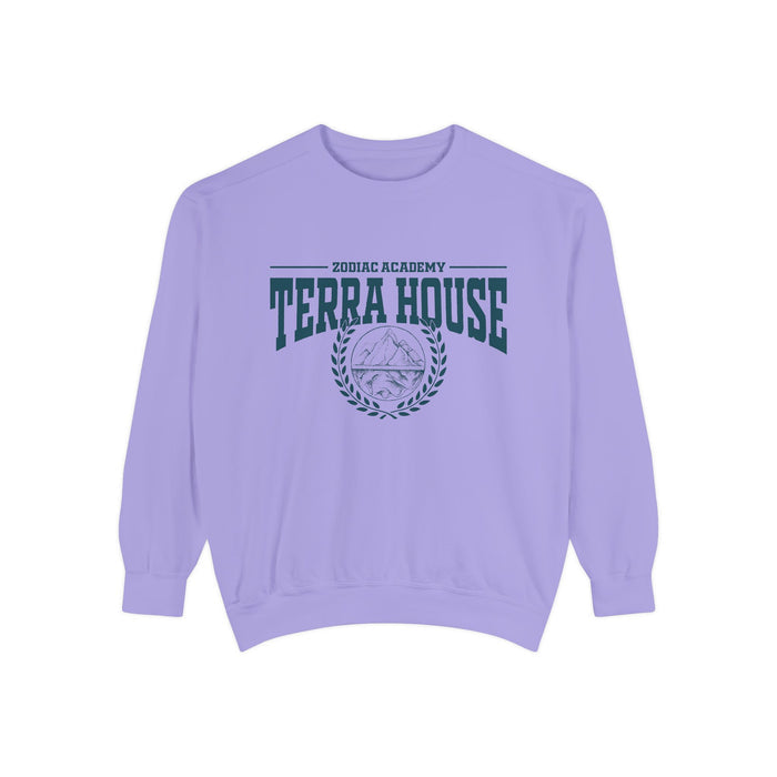Thtgrlreads Zodiac Academy cozy Comfort Colors sweatshirt featuring vintage-style "Terra House" collegiate print in dark ink on a relaxed unisex crewneck from the Back to School collection.