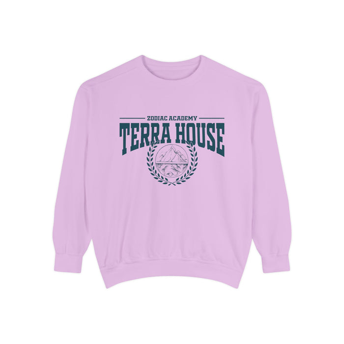 Zodiac Academy-themed lavender oversized crewneck sweatshirt from thtgrlreads featuring bold "Terra House" text and a vintage-style emblem, part of the Back to School collection.