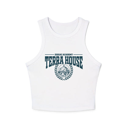 Zodiac Academy Terra House themed women's white cropped tank top from thtgrlreads featuring vintage wash fabric and bold collegiate-style dark blue graphic print.