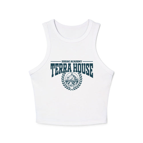 Zodiac Academy Terra House themed women's white cropped tank top from thtgrlreads featuring vintage wash fabric and bold collegiate-style dark blue graphic print.