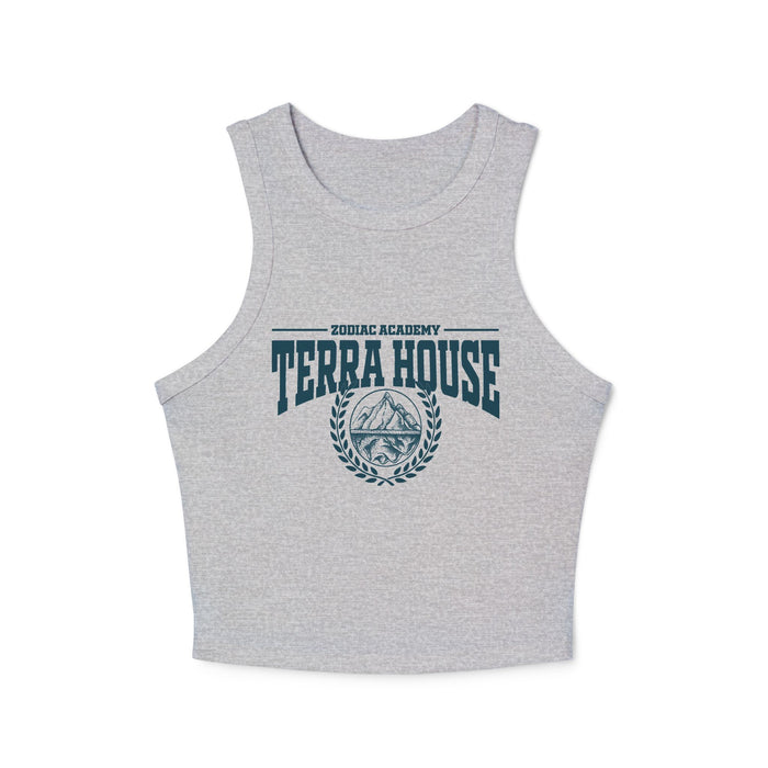 Zodiac Academy-themed cozy vintage-wash Comfort Colors crop tank from thtgrlreads featuring bold "Terra House" text and mountain emblem, perfect for Back to School fans.