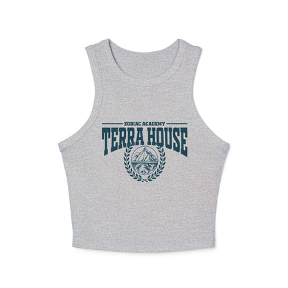 Zodiac Academy-themed cozy vintage-wash Comfort Colors crop tank from thtgrlreads featuring bold "Terra House" text and mountain emblem, perfect for Back to School fans.