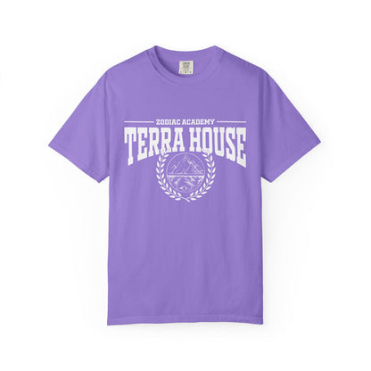 Zodiac Academy-themed Comfort Colors graphic tee from thtgrlreads featuring vintage-wash lavender fabric and bold white collegiate-style "Terra House" print in a back-to-school inspired design.