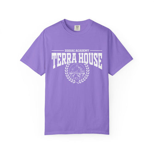Zodiac Academy-themed Comfort Colors graphic tee from thtgrlreads featuring vintage-wash lavender fabric and bold white collegiate-style "Terra House" print in a back-to-school inspired design.