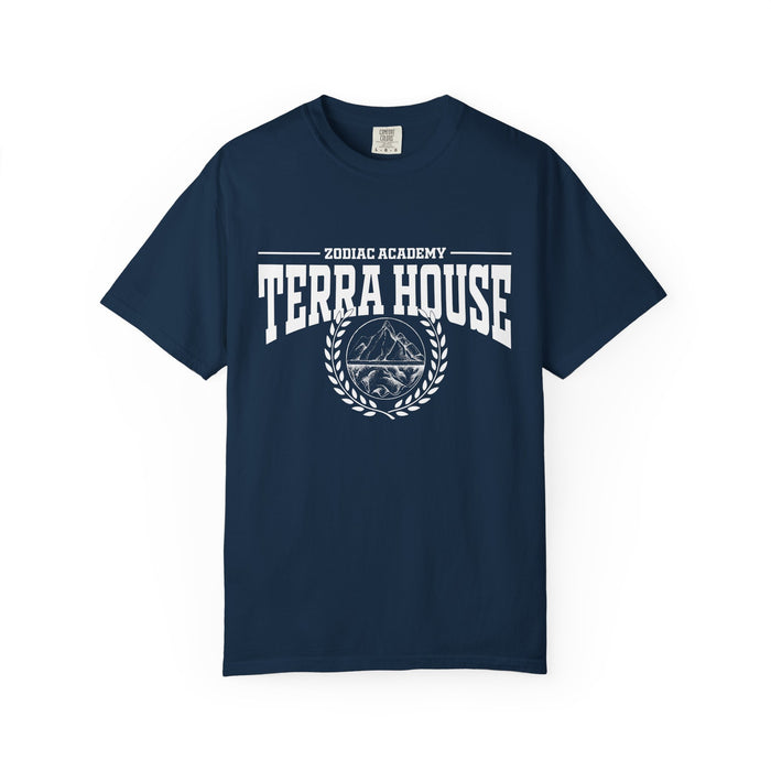 Thtgrlreads Zodiac Academy collection vintage wash Comfort Colors graphic tee in navy blue featuring bold white Terra House text and a mountain emblem with laurel wreath.