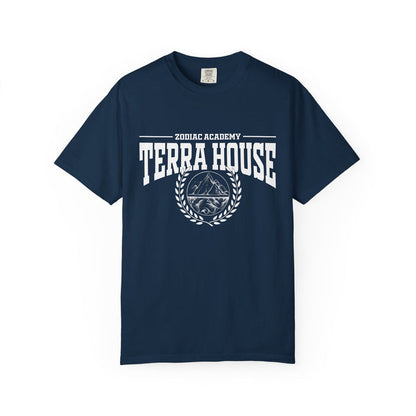 Thtgrlreads Zodiac Academy collection vintage wash Comfort Colors graphic tee in navy blue featuring bold white Terra House text and a mountain emblem with laurel wreath.