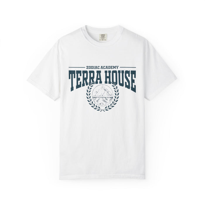 Zodiac Academy Terra House Comfort Colors graphic tee by thtgrlreads featuring vintage wash and navy collegiate-style print on soft white unisex cotton.