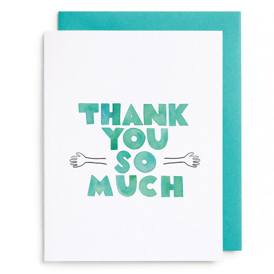 Thank you hug card with teal 'THANK YOU SO MUCH' text and hand hug graphic, with envelope