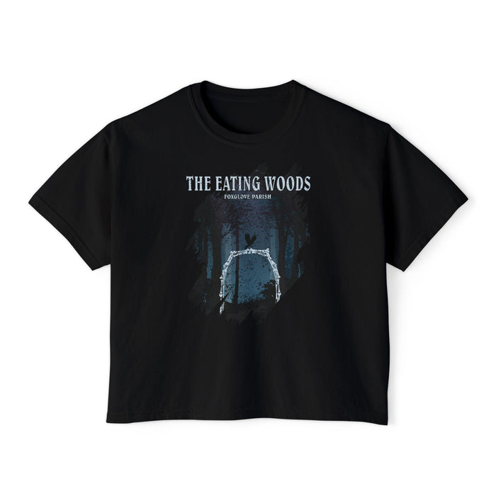 Thtgrlreads officially licensed The Eating Woods collection unisex comfort colors crop top featuring a vintage-washed black base and a dark forest graphic with white arch design.