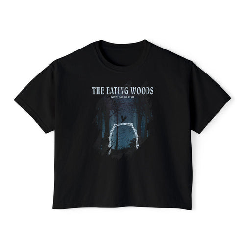 Thtgrlreads officially licensed The Eating Woods collection unisex comfort colors crop top featuring a vintage-washed black base and a dark forest graphic with white arch design.