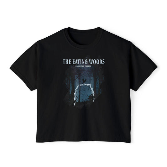 Thtgrlreads officially licensed The Eating Woods collection unisex comfort colors crop top featuring a vintage-washed black base and a dark forest graphic with white arch design.