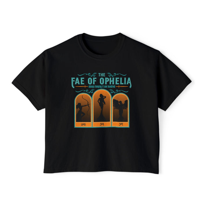 The Fae of Ophelia crop top from thtgrlreads features a vintage wash black Comfort Colors cotton fabric with a fantasy romance graphic in teal and orange, showcasing three silhouetted fae characters.