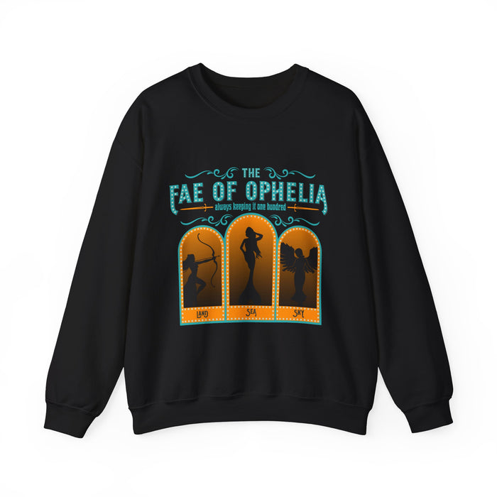 Thtgrlreads crewneck sweatshirt from The Life of a Book Bestie collection featuring a vintage wash black oversized crewneck with a colorful graphic print of three fae figures labeled land, sea, and sky.