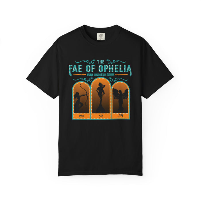 Black Comfort Colors graphic tee from thtgrlreads featuring vintage-style orange and teal print with silhouettes of three fae characters, part of The Life of a Book Bestie collection.