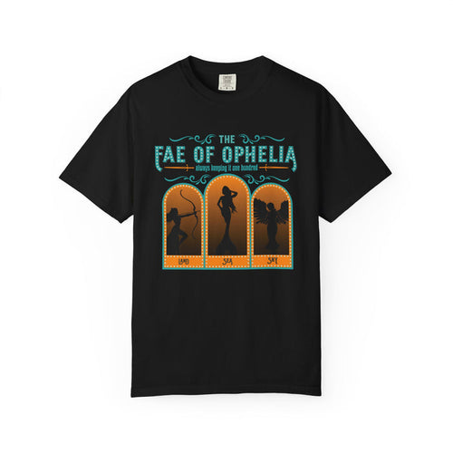Black Comfort Colors graphic tee from thtgrlreads featuring vintage-style orange and teal print with silhouettes of three fae characters, part of The Life of a Book Bestie collection.