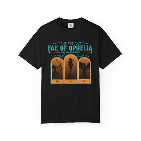 Black Comfort Colors graphic tee from thtgrlreads featuring vintage-style orange and teal print with silhouettes of three fae characters, part of The Life of a Book Bestie collection.