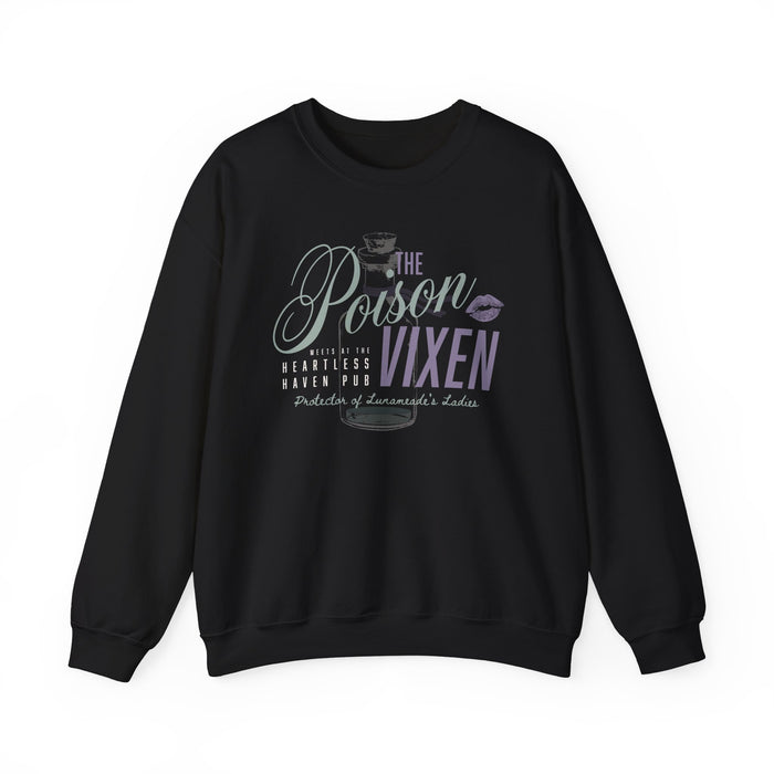 A black oversized crewneck sweatshirt from thtgrlreads featuring a vintage wash and a soft Comfort Colors base, printed with stylish typography and a poison vial graphic inspired by The Poison Daughter collection.