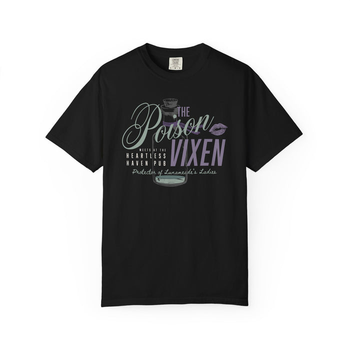 Comfort Colors unisex graphic tee from thtgrlreads inspired by The Poison Daughter by Shelia Masterson, featuring vintage wash black fabric and printed poison bottle and text design.