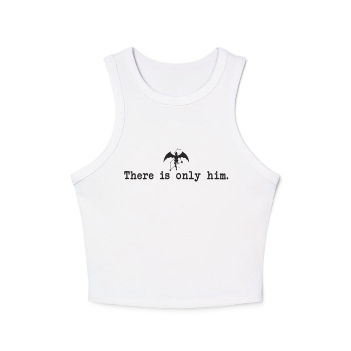 Thtgrlreads Zodiac Academy collection features a white vintage-wash cropped tank with minimalist black print saying "There is only him" and a small bat graphic, perfect comfort colors fabric.