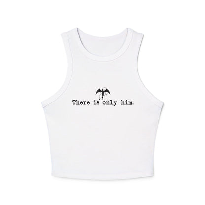 Thtgrlreads Zodiac Academy collection features a white vintage-wash cropped tank with minimalist black print saying "There is only him" and a small bat graphic, perfect comfort colors fabric.