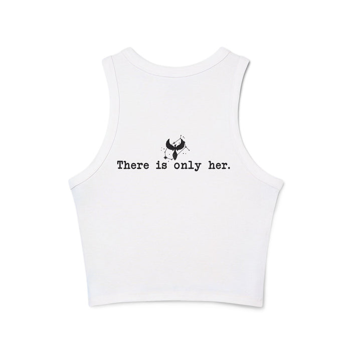 Zodiac Academy tank top from thtgrlreads featuring a vintage-washed white cotton crop with minimalist black text "There is only her" and a small graphic, perfect bookish merch.