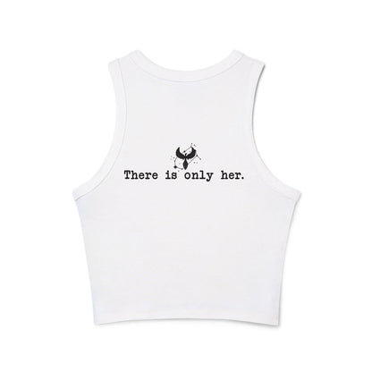 Zodiac Academy tank top from thtgrlreads featuring a vintage-washed white cotton crop with minimalist black text "There is only her" and a small graphic, perfect bookish merch.