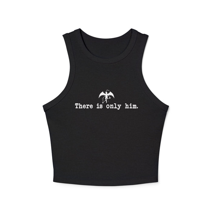 thtgrlreads black cropped tank top featuring a simple white graphic of a small dragon silhouette above the text "There is only him." in typewriter-style font.