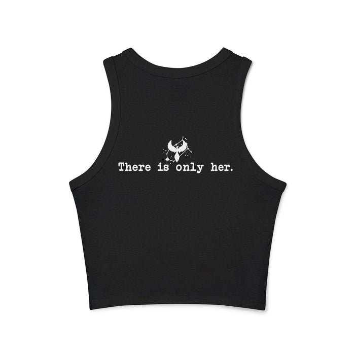 Zodiac Academy inspired black cropped tank from thtgrlreads featuring a soft Comfort Colors fabric with white printed text "There is only her." centered on the back, part of the official bookish apparel collection.