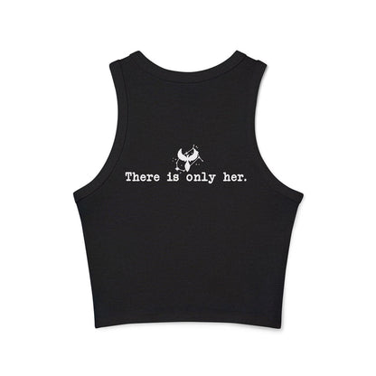 Zodiac Academy inspired black cropped tank from thtgrlreads featuring a soft Comfort Colors fabric with white printed text "There is only her." centered on the back, part of the official bookish apparel collection.