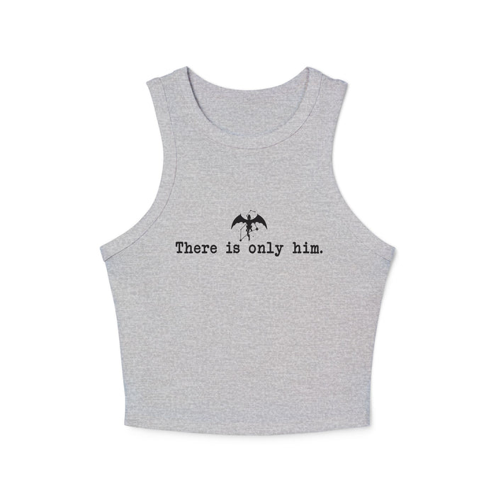 Thtgrlreads Zodiac Academy collection women's grey comfort colors cropped tank top featuring minimalist black bat graphic and "There is only him." text in typewriter font.