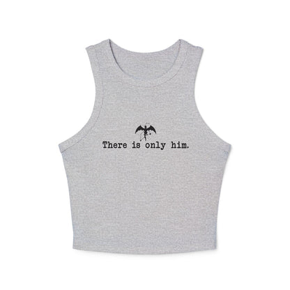 Thtgrlreads Zodiac Academy collection women's grey comfort colors cropped tank top featuring minimalist black bat graphic and "There is only him." text in typewriter font.