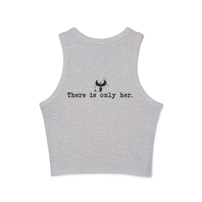 Zodiac Academy inspired gray vintage wash Comfort Colors cropped tank by thtgrlreads featuring a minimalist black graphic and "There is only her." text in typewriter font.
