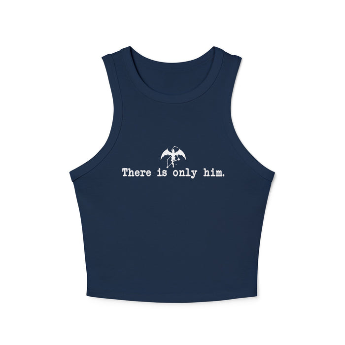 Zodiac Academy inspired navy blue crop tank from thtgrlreads featuring vintage wash Comfort Colors fabric and white minimalist graphic with text "There is only him.