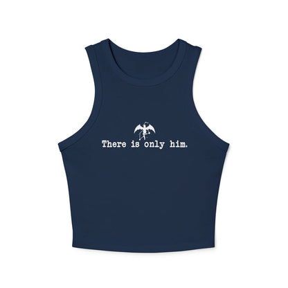 Zodiac Academy inspired navy blue crop tank from thtgrlreads featuring vintage wash Comfort Colors fabric and white minimalist graphic with text "There is only him.