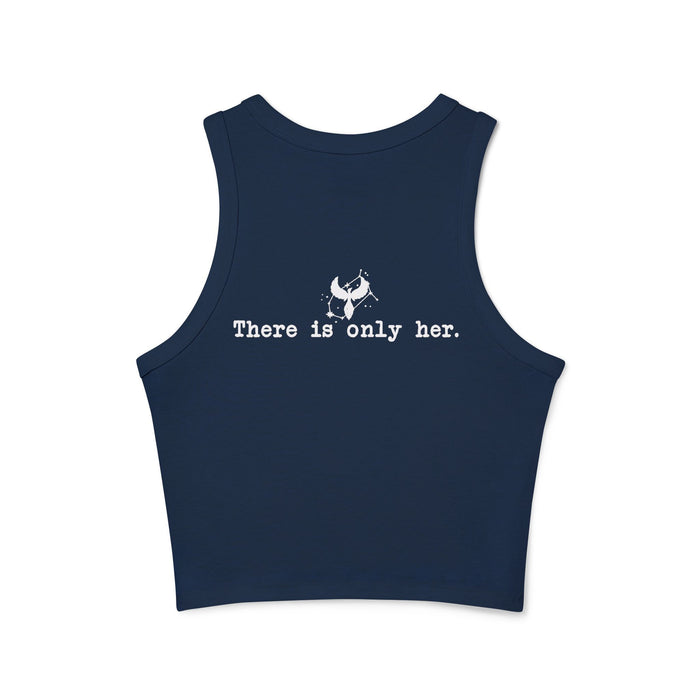 Zodiac Academy themed navy blue Comfort Colors cropped tank from thtgrlreads, featuring "There is only her." white vintage-style text and small graphic, perfect for bookish fans.