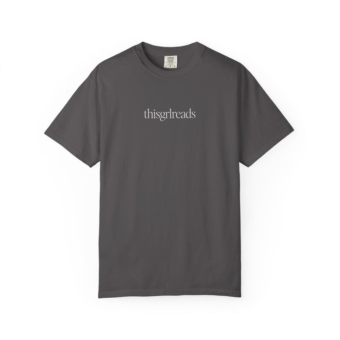 Thtgrlreads officially licensed thisgrlreads Tee from the Book Bestie collection, a vintage wash Comfort Colors graphic tee with minimalist text in a relaxed unisex fit.