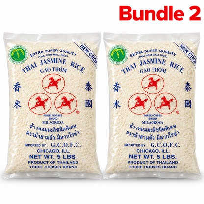 Three Horses Jasmine Rice in branded packaging, premium Thai jasmine rice with a fragrant aroma and soft, fluffy texture, ideal for everyday meals and a variety of dishes.