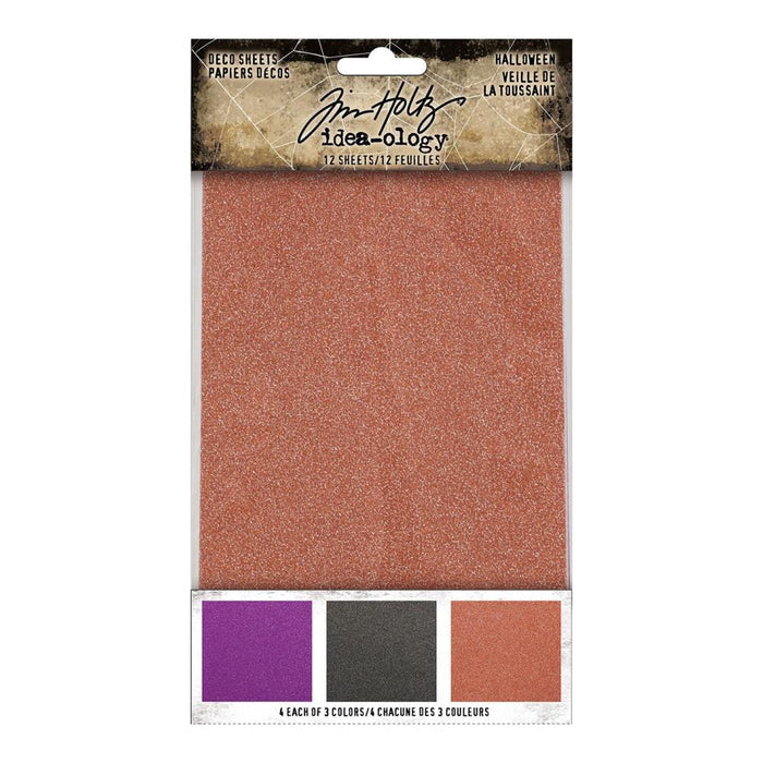 Tim Holtz - Idea-Ology Adhesive Deco Sheets 4"X6" - 12/Pkg - Halloween. Sparkling adhesive-backed sheets that can be die-cut or punched. This package contains twelve 4x6 inch adhesive sheets in three colors (four of each). Imported. Available at Embellish Away located in Bowmanville Ontario Canada.