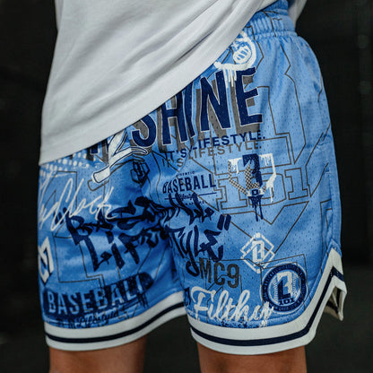 Youth model wearing blue Time 2 Shine Icons Court youth shorts